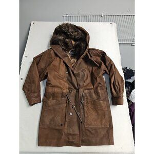 Vintage Cosa Nova Brown Suede Utility Jacket MED Hooded Parka Faux Fur Hood